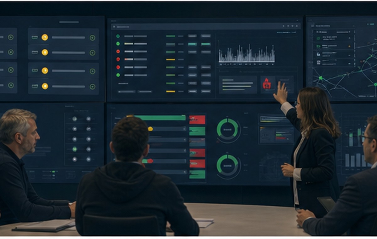 Dashboard di controllo con stati di conformita, alert e avanzamento di commessa