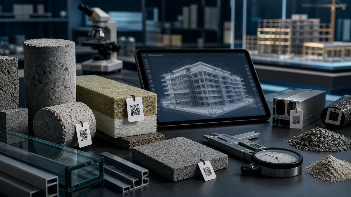 Campioni di materiali da costruzione con identificazione e dati di prodotto